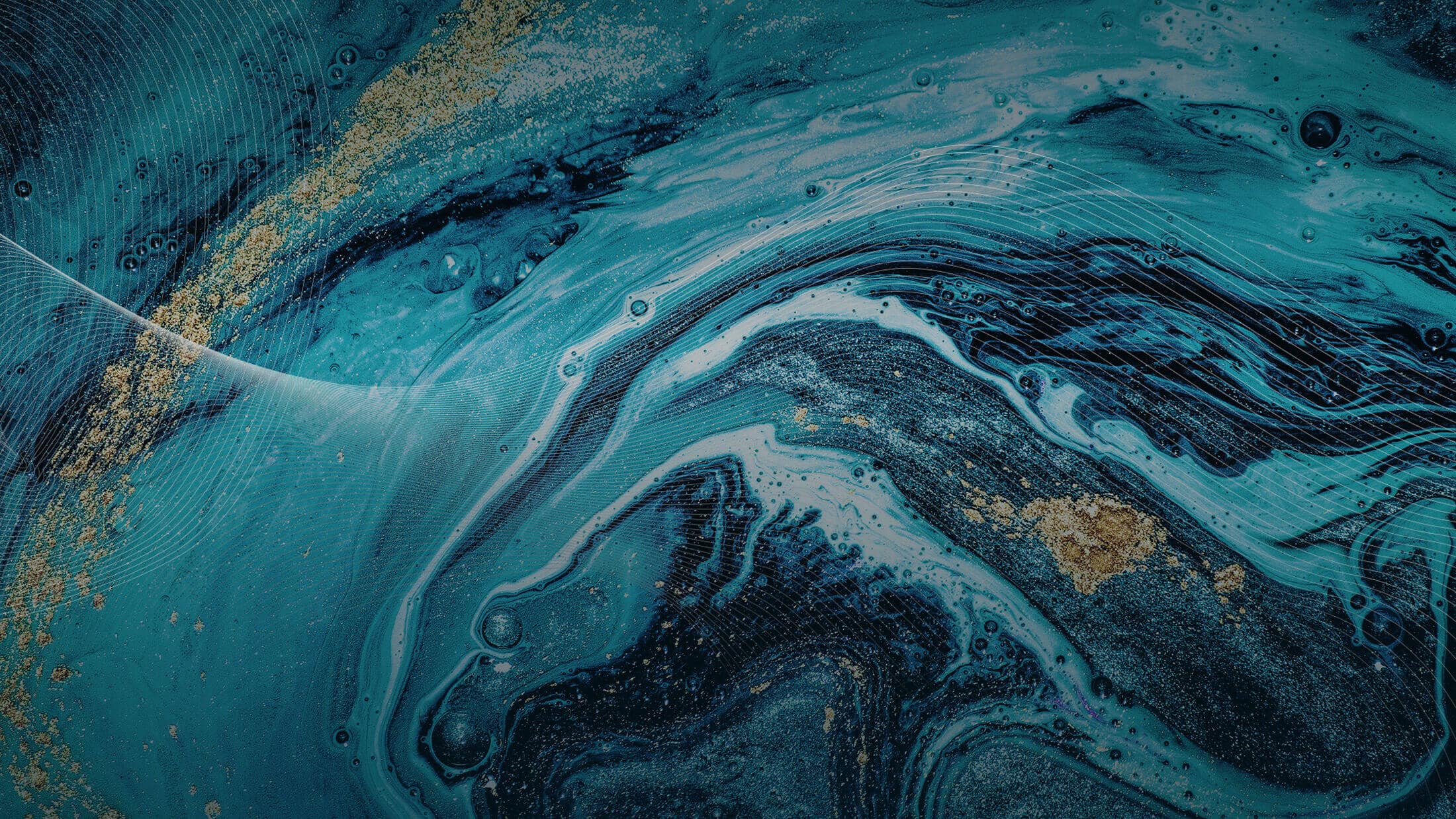 Depicts a blue and gold marbelled background with white wave lines overlay